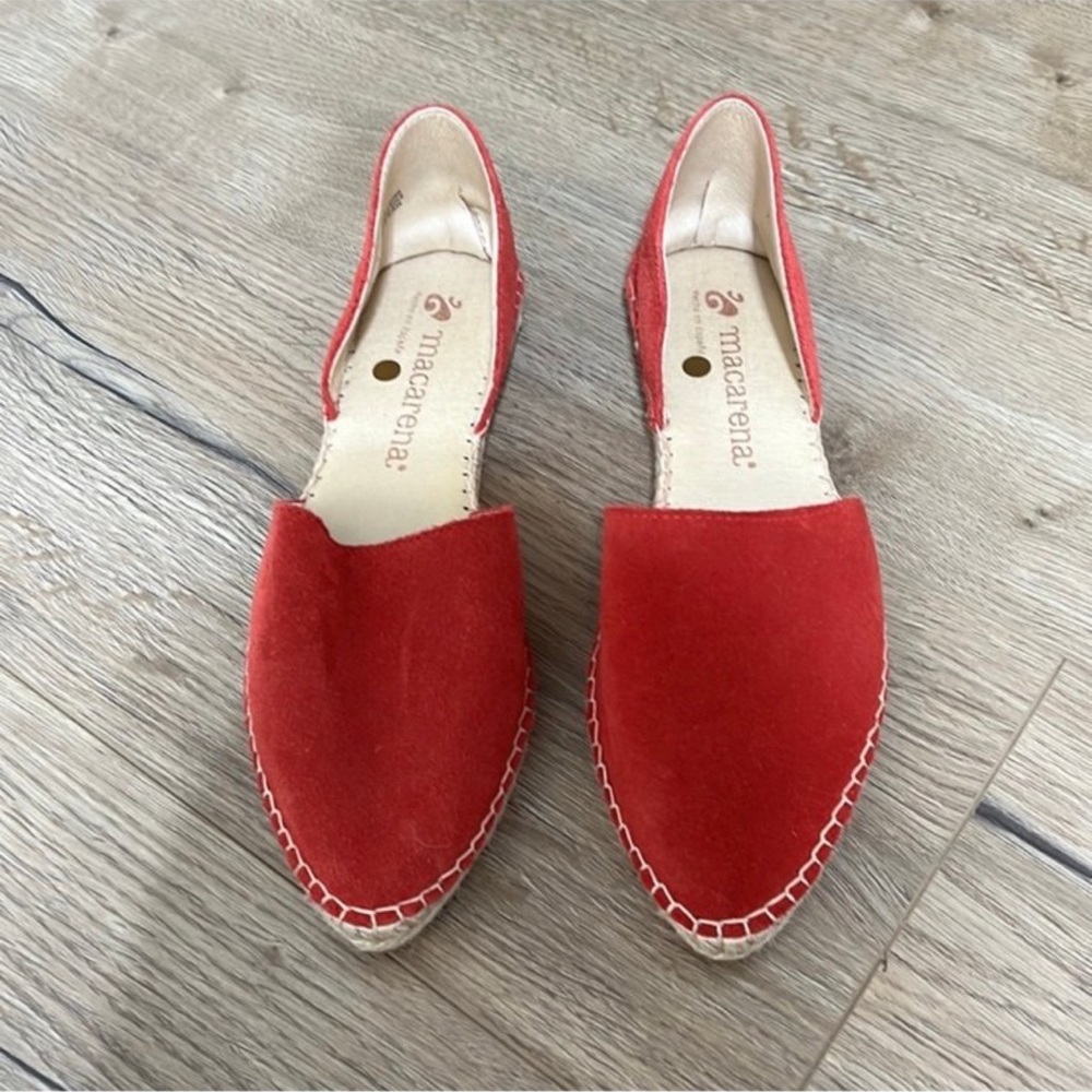 Macarena Red Suede Leather Iris D'Orsay Flat Espadrille Shoes Size: 9